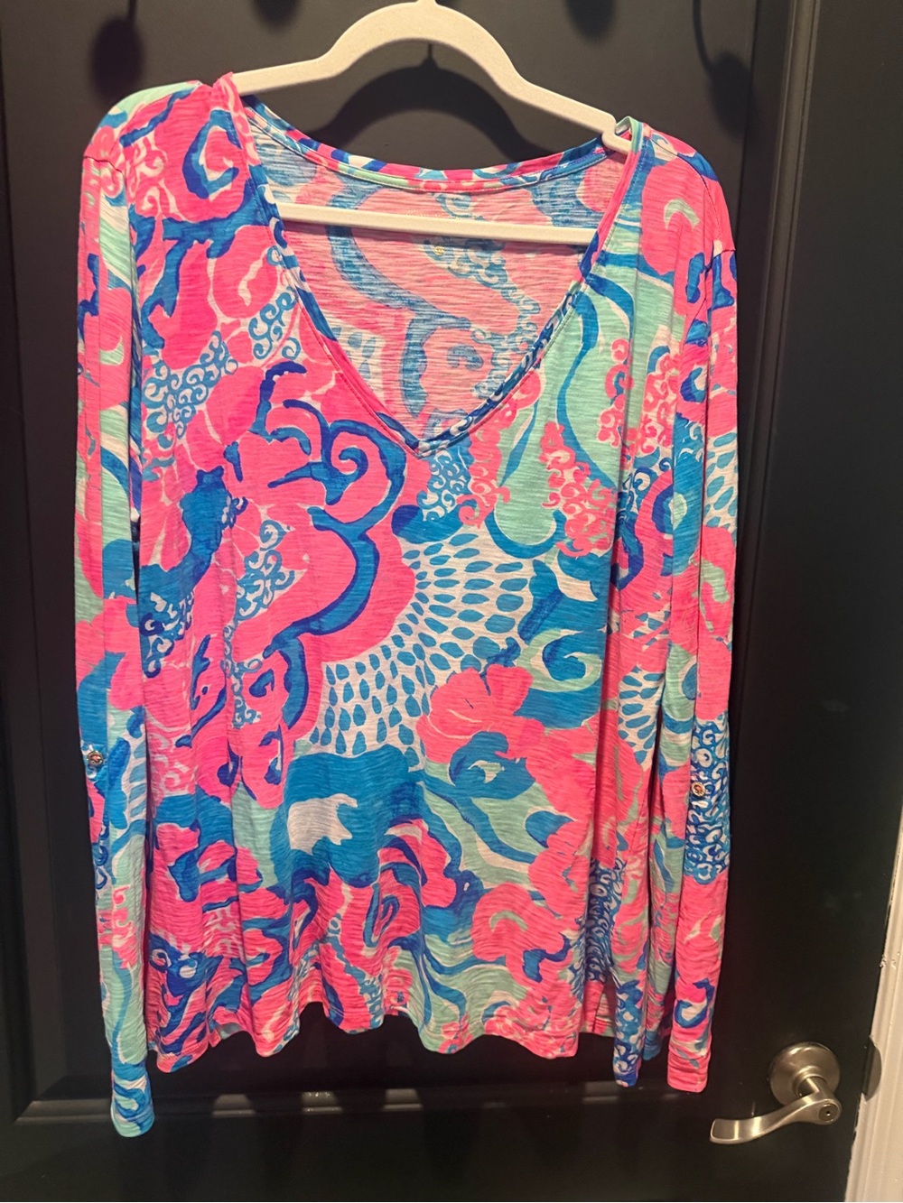 Lilly Pulitzer Pink Aqua Blue Floral V-Neck Long Sleeve Top
